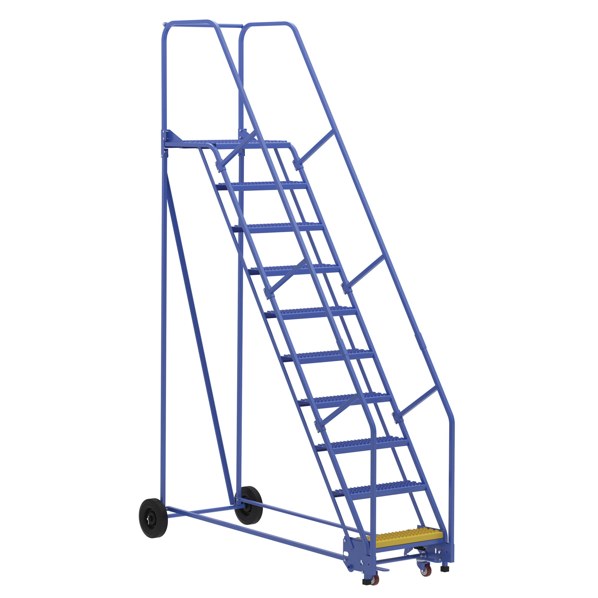Vestil Steel Rolling Warehouse Ladder — 10 Steps, 23-9/16in. Step Width, 58° Angle, 350-Lb. Capacity, Blue, Model# LAD-10-21-G